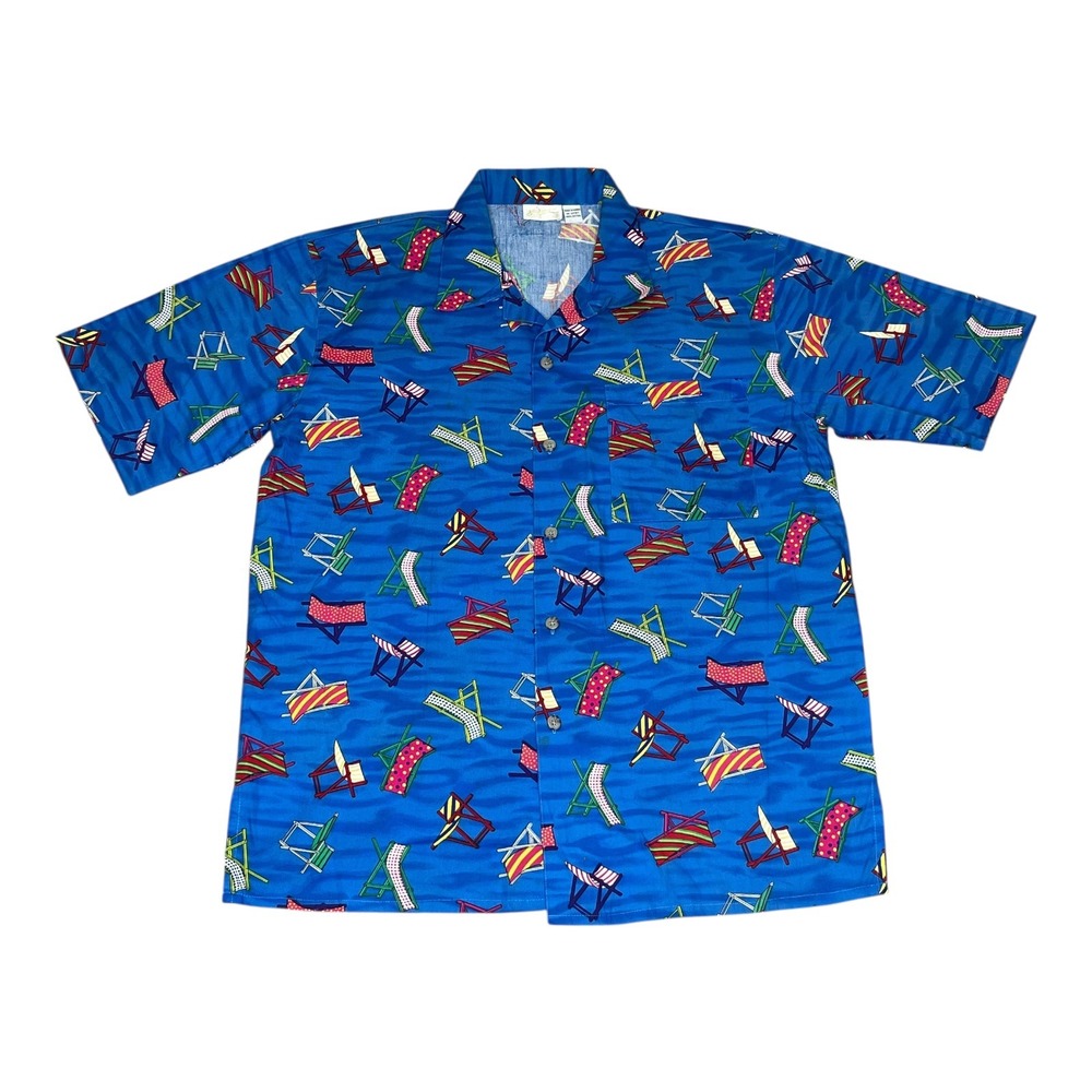 Vintage Gottex Mens Blue Beach Chair Print Beach Hawaiian Summer Camp Shirt XL